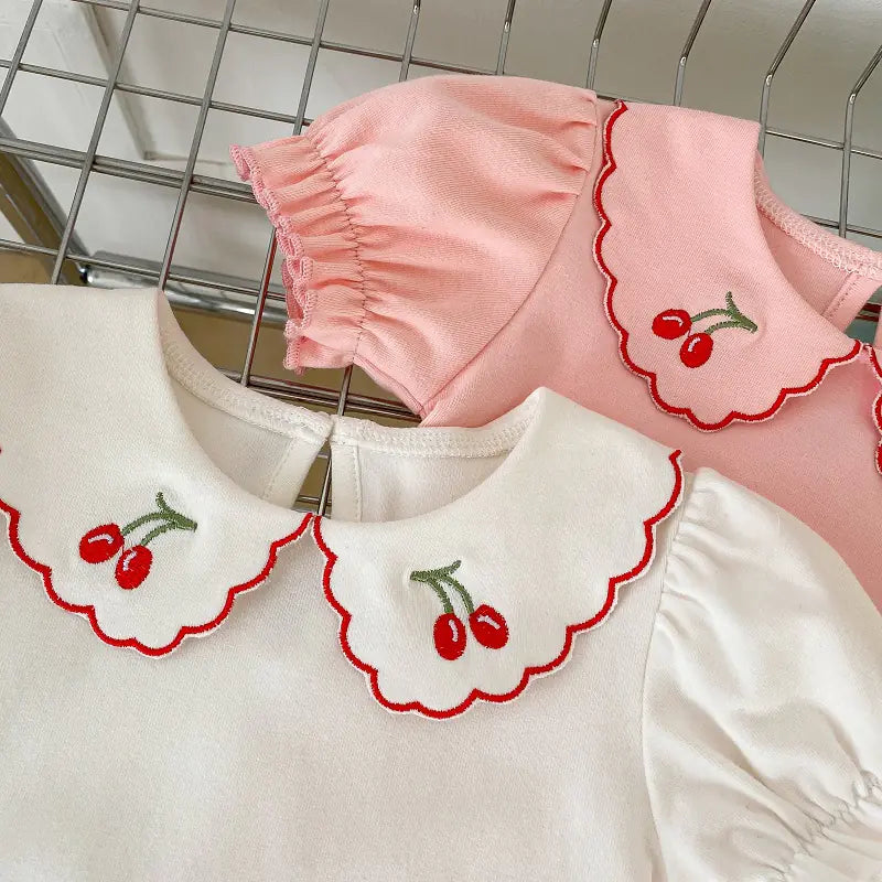 Camiseta de verano para bebé niña con bordado de cerezas (0-3 años)