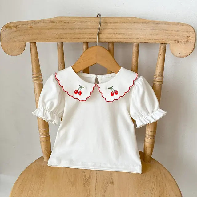 Camiseta de verano para bebé niña con bordado de cerezas (0-3 años)