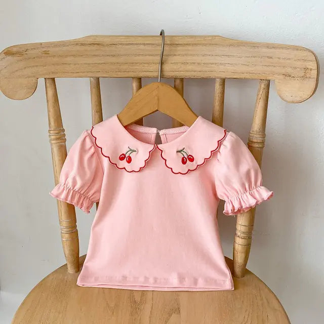 Camiseta de verano para bebé niña con bordado de cerezas (0-3 años)