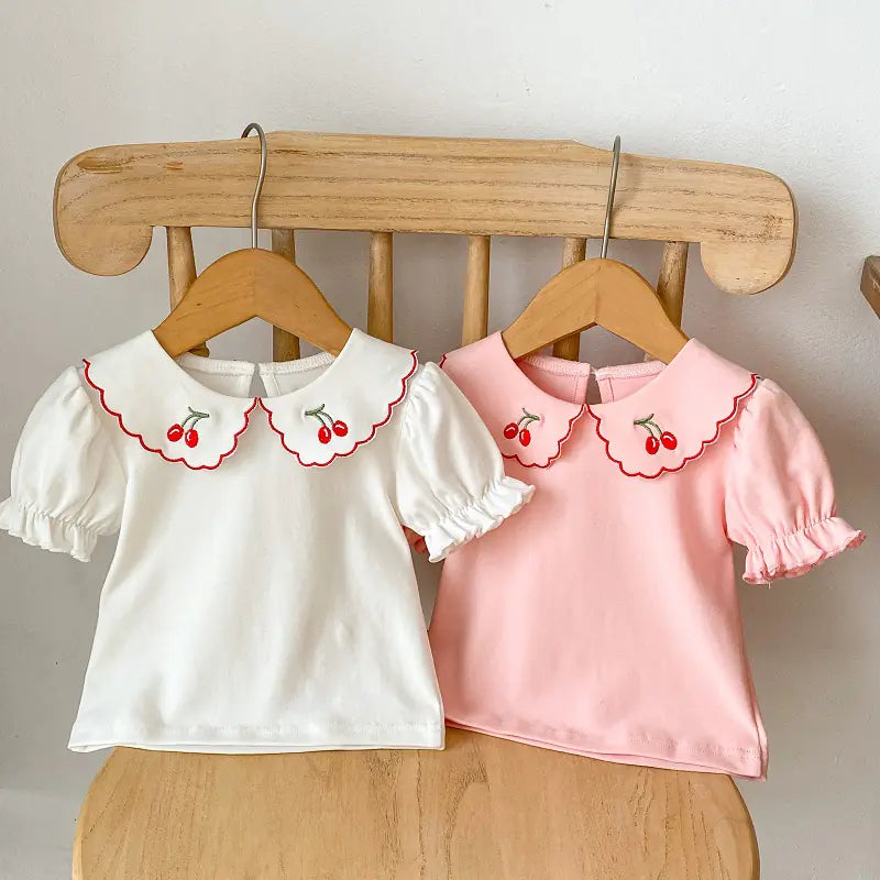 Camiseta de verano para bebé niña con bordado de cerezas (0-3 años)